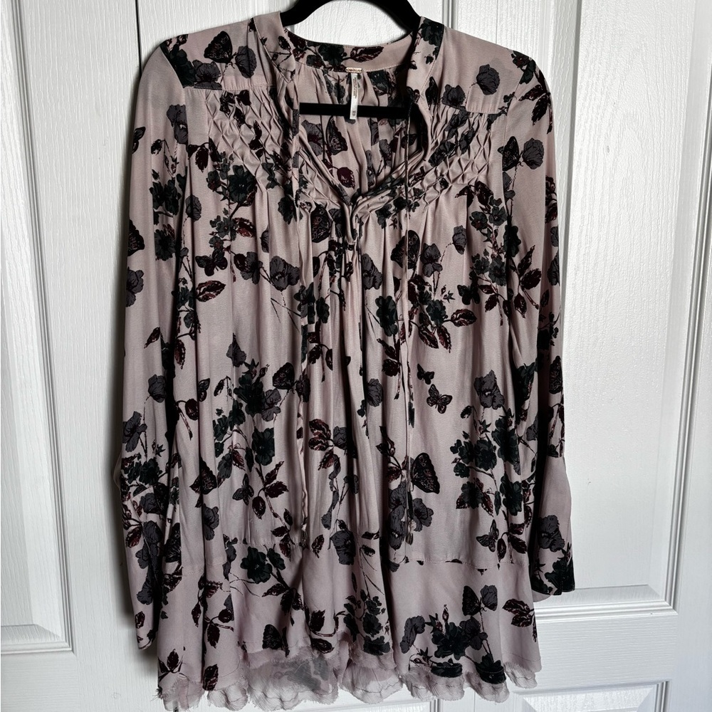 Free People Womens Floral Long-Sleeve Tie-Neck Top - Dusty Mauve - Size XS